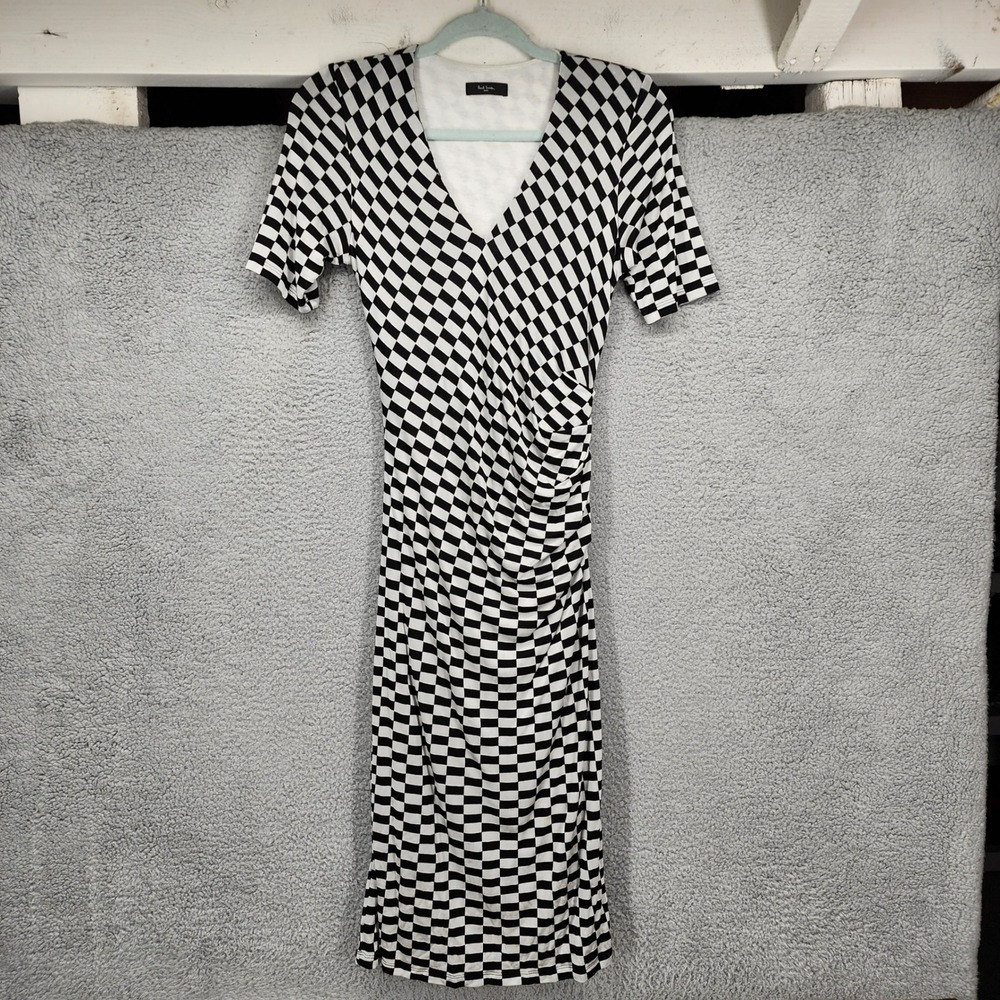 Paul Smith Black Warped Checkerboard Ruched V-Neck Dress Black White Small